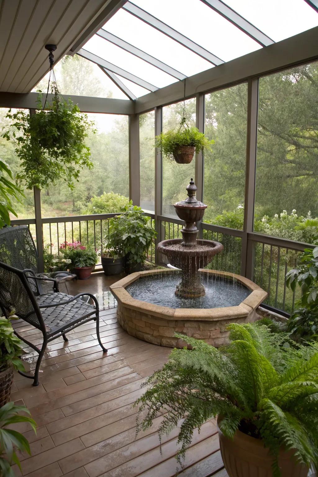 The serene sound of a water feature improves the atmosphere of an enclosed deck.