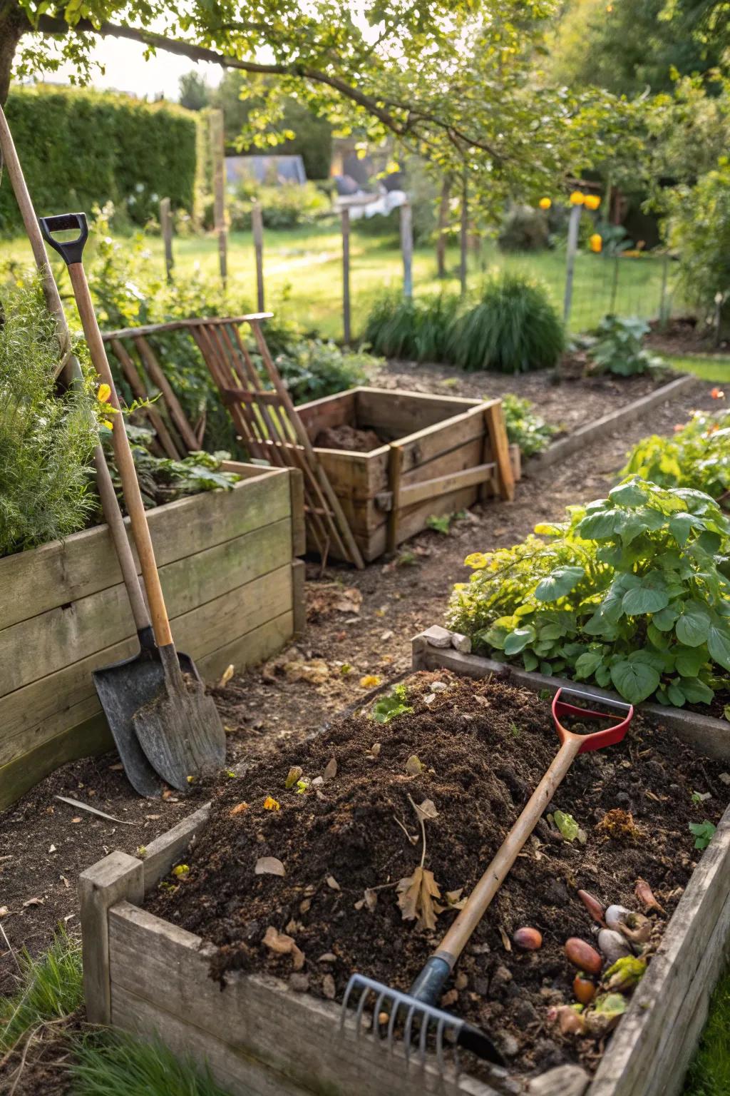 Sustainable practices such as composting improve garden health.