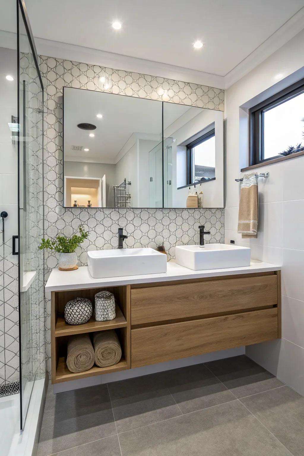 A floating dressing table adds a streamlined, modern look to this ensuite.