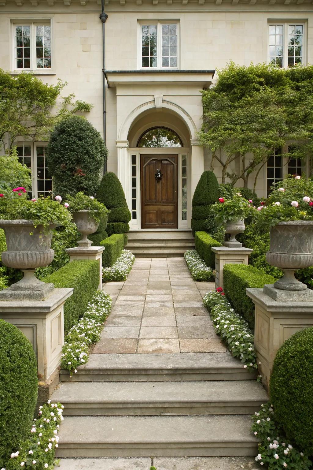 Balanced landscaping frames the entryway beautifully.