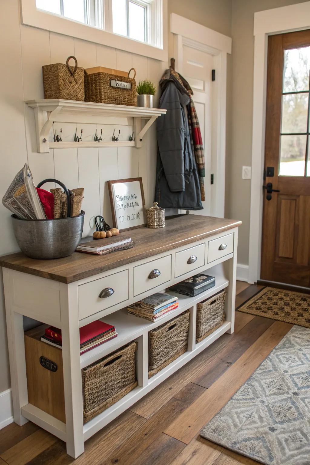 This mudroom has a console table that gives it function and a touch of elegance.