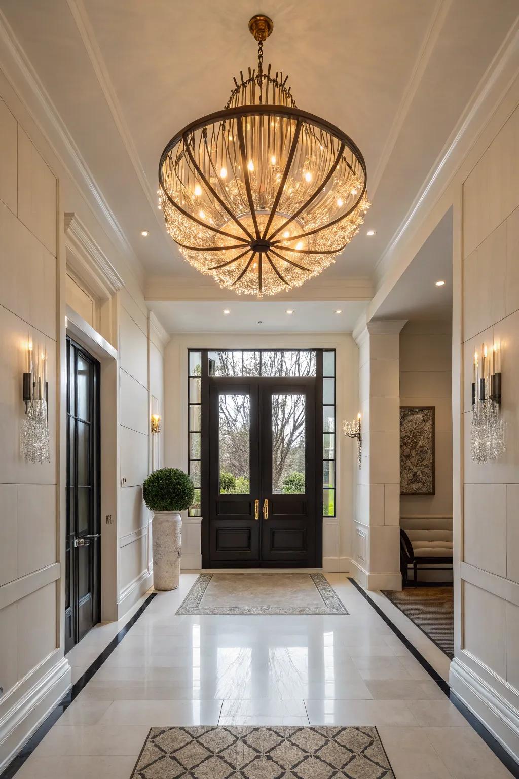 An entryway displays an oversized sculptural light fixture to create a bold statement.