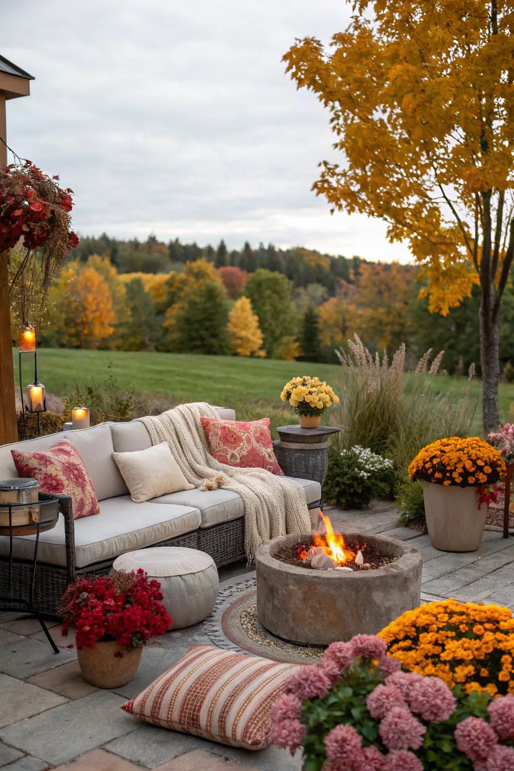 An exterior garden sanctuary featuring cozy seating for crisp autumn nights.