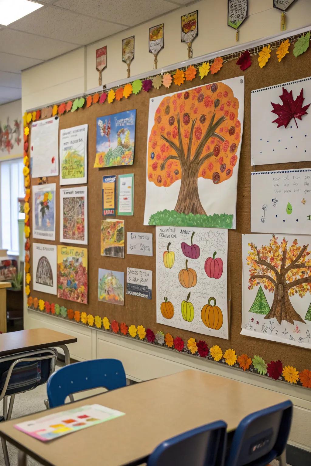 A collaborative fall-themed bulletin board showcasing student artwork.