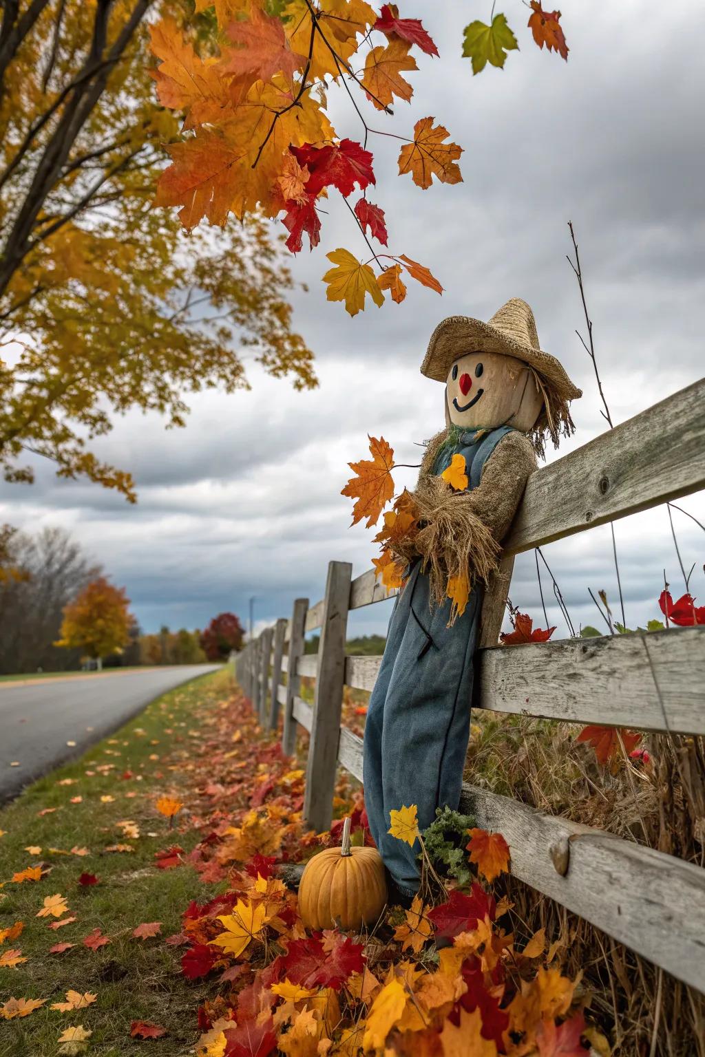 A friendly scarecrow contributes whimsy to the fence.