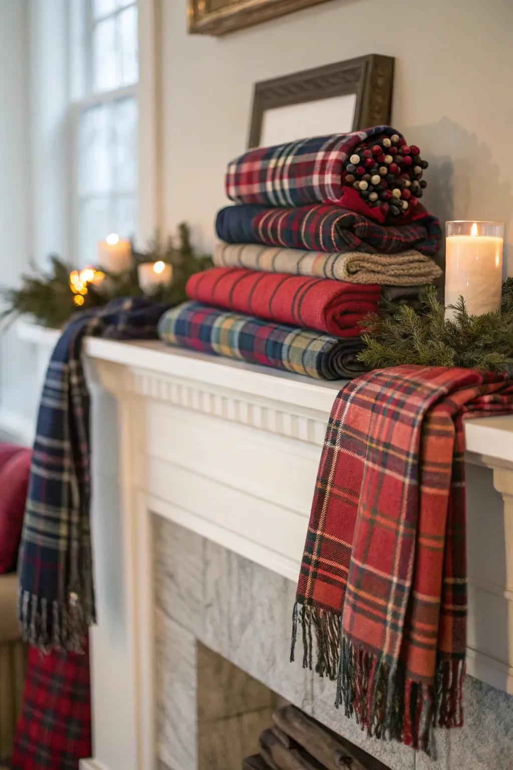 A cozy autumnal mantel with tartan textiles.