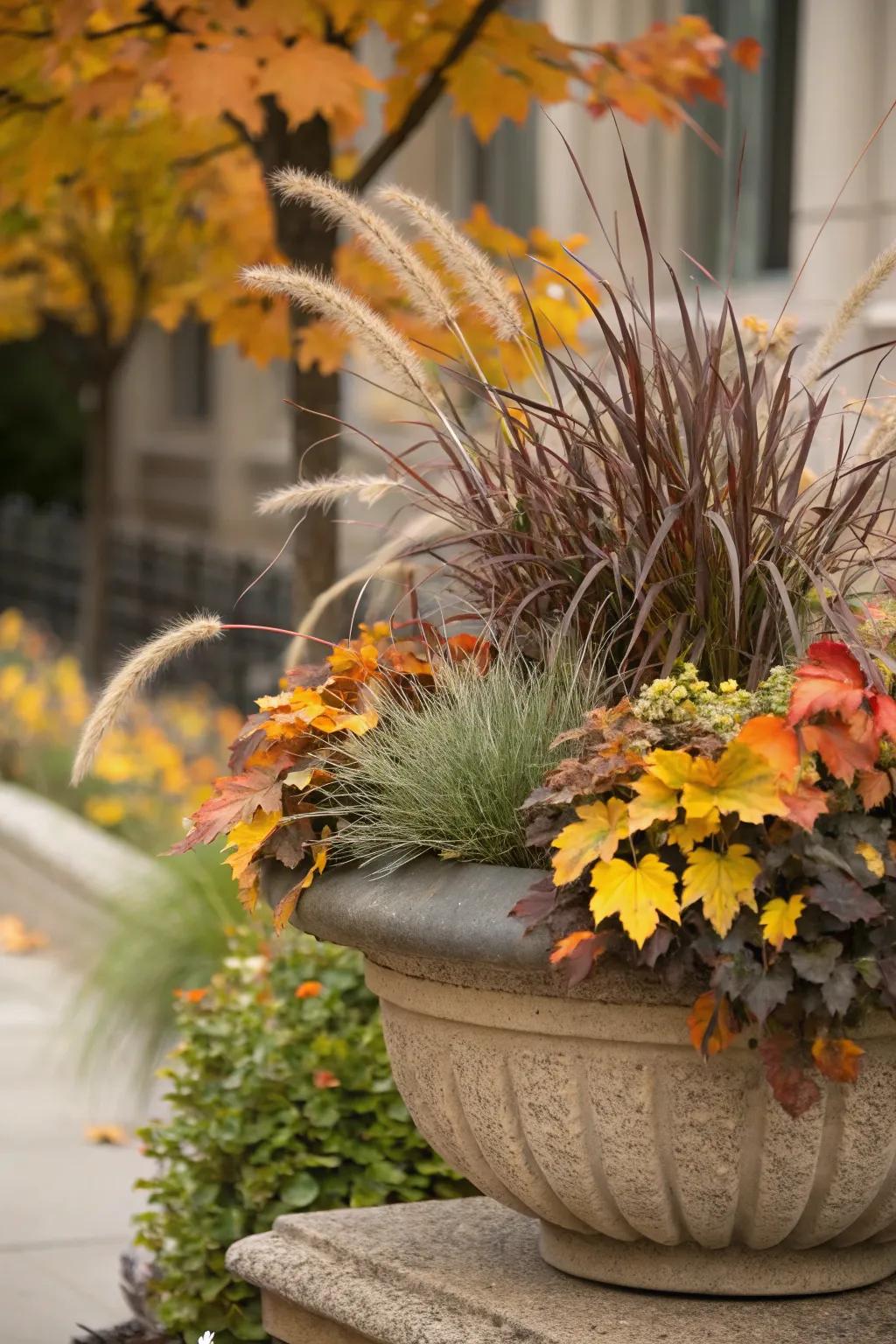 A texture palette enriches the visual and tactile appeal of your autumn containers.