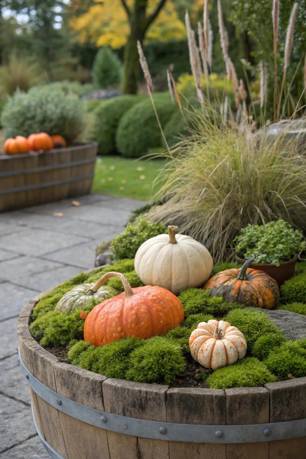 A verdant layer delivers a lush, earthy foundation for gourds.