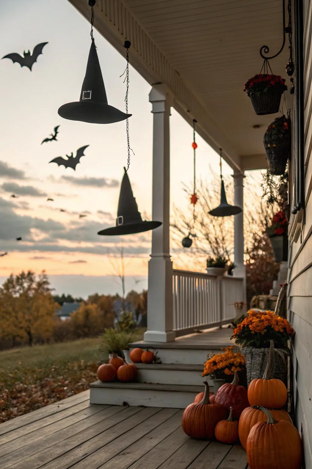 Subtle All Hallows' Eve pointers introduce playful touches to the fall porch's ornamentation.