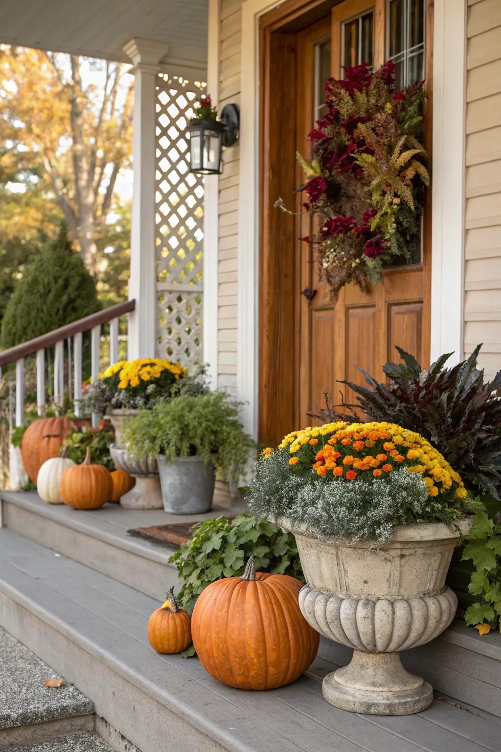Repurposed vessels filled with seasonal greenery impart a contemporary fall aesthetic.