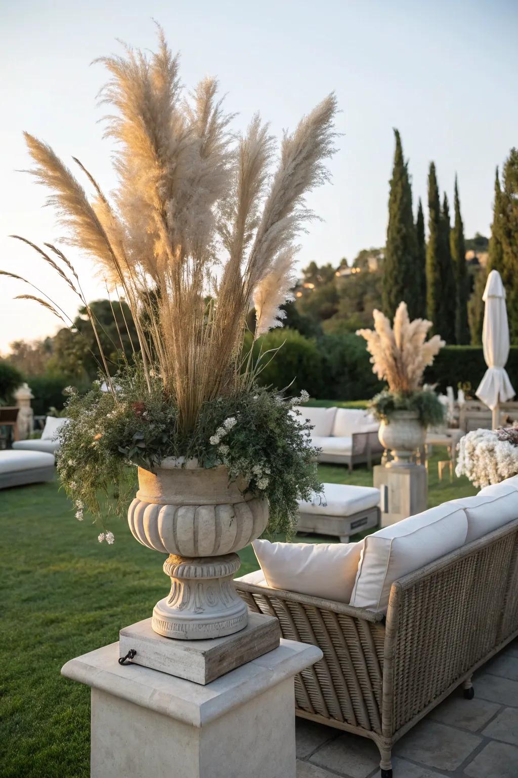 Dramatic pampas grass in a fall urn.