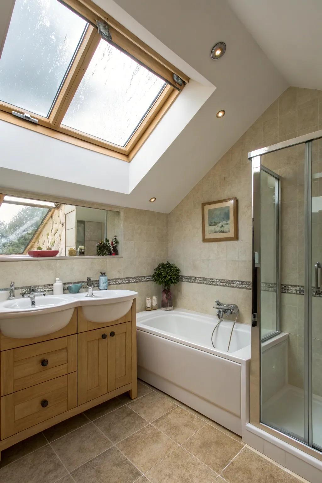 A window in the ceiling enhances the bathroom's natural beauty.