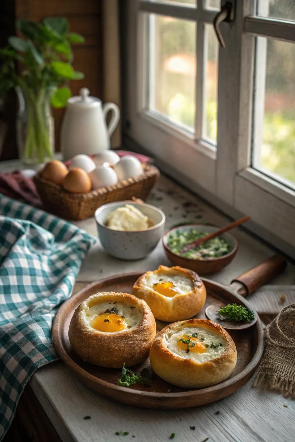 Eggs in a bread bowl offer a cozy and personal breakfast experience.