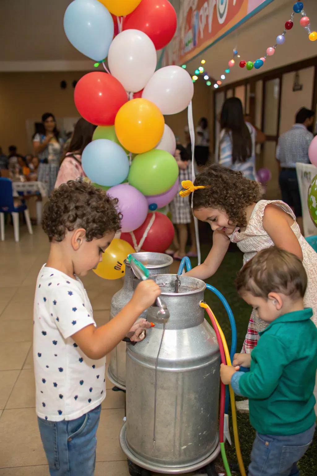 A homemade extraction center contributes an entertaining and informative countryside element to the festivity.