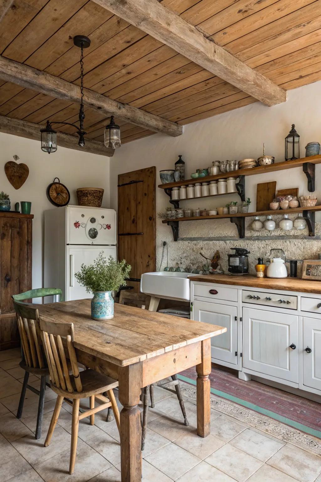 Timber boards infuse warmth and texture into this farmhouse kitchen ceiling.