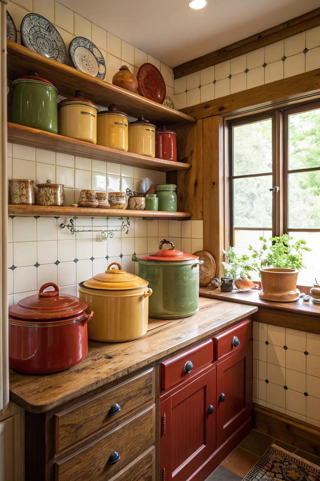 Antique jars adding nostalgic charm to the kitchen.