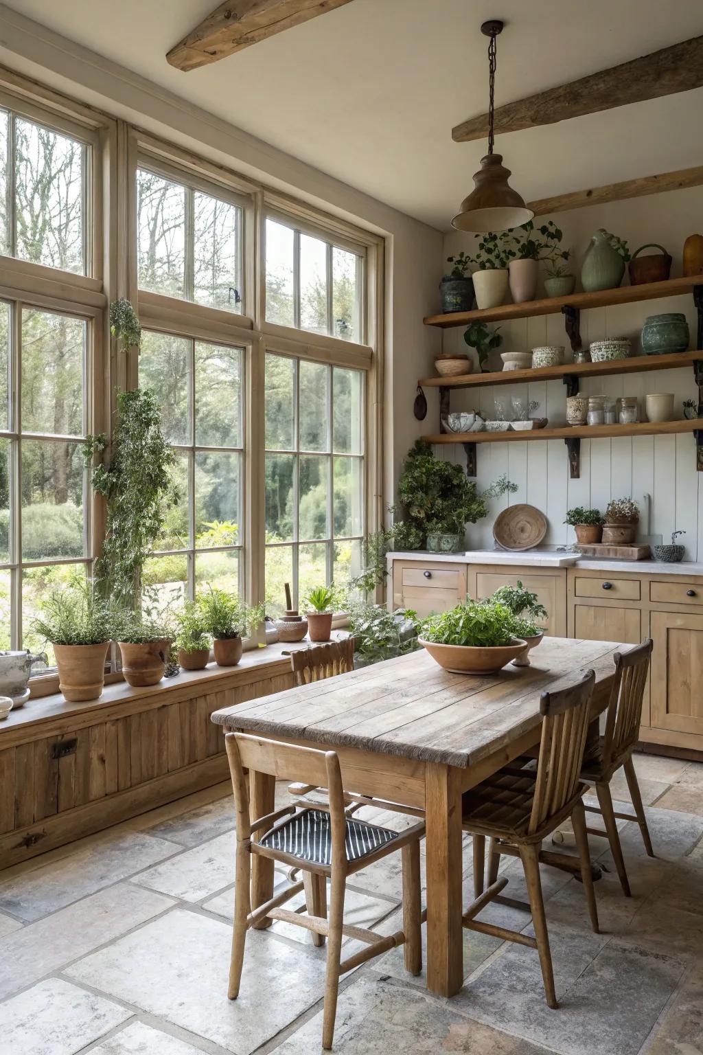 A farmhouse kitchen flooded with natural light coming through large windows.