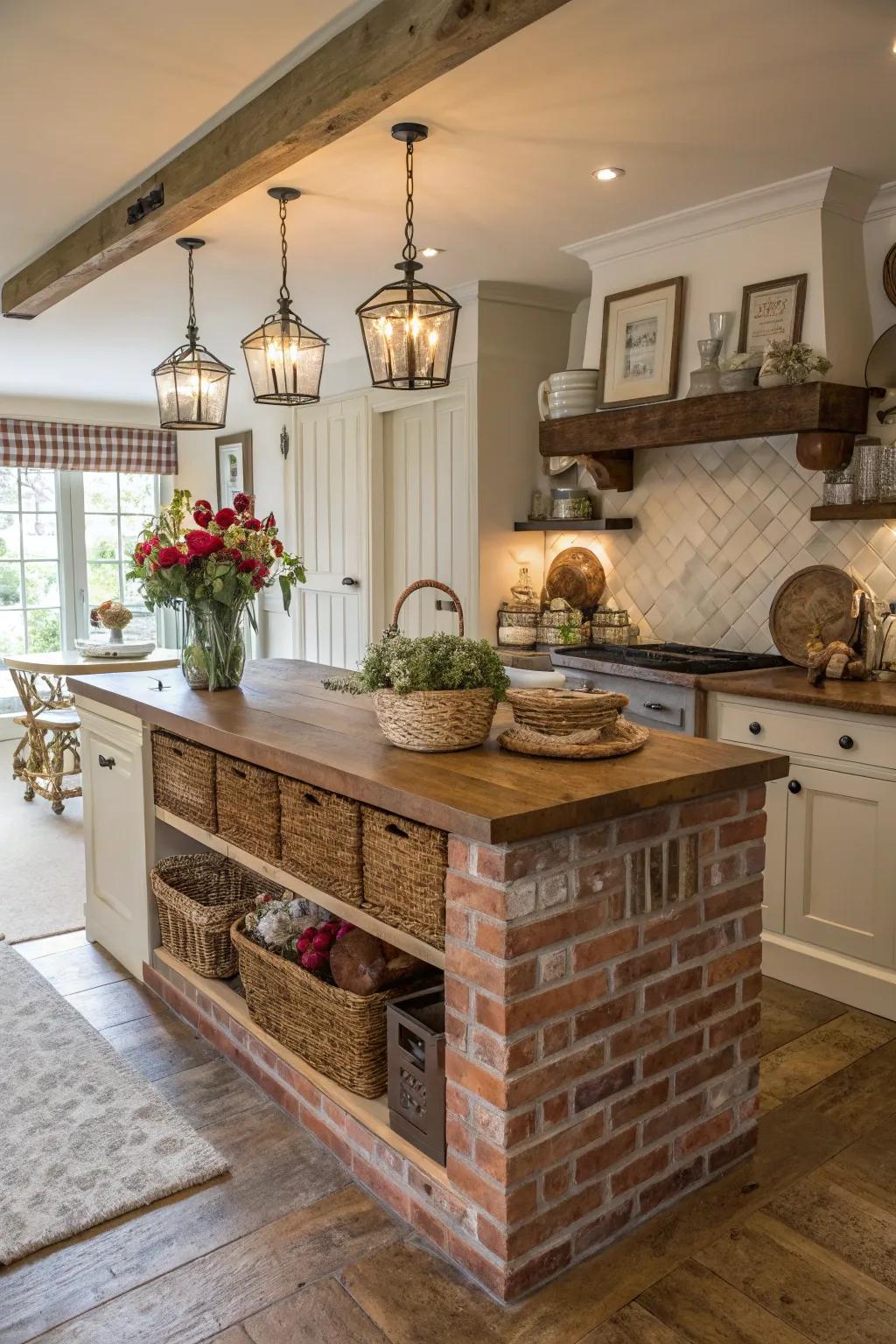 Brick features fashion a rustic and grounded aesthetic in the country cooking area.