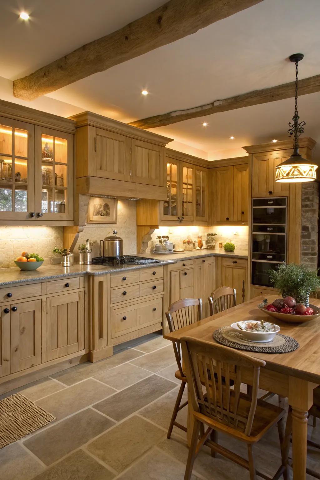 Under-cabinet lighting highlights the beauty of light wood cabinets.