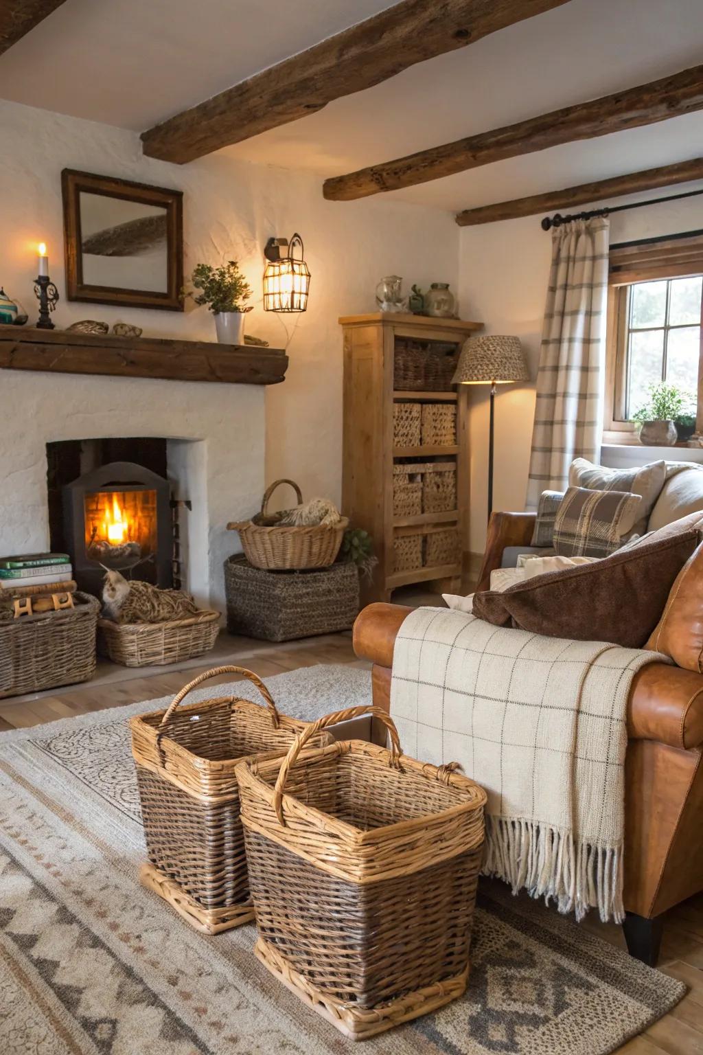 Wicker containers provide storage and texture in this country house family room.