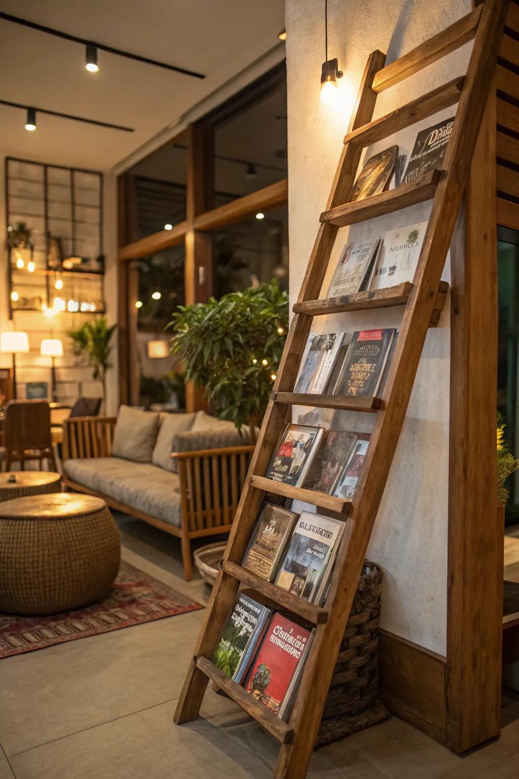 A reading rack beautifully displayed on a ladder