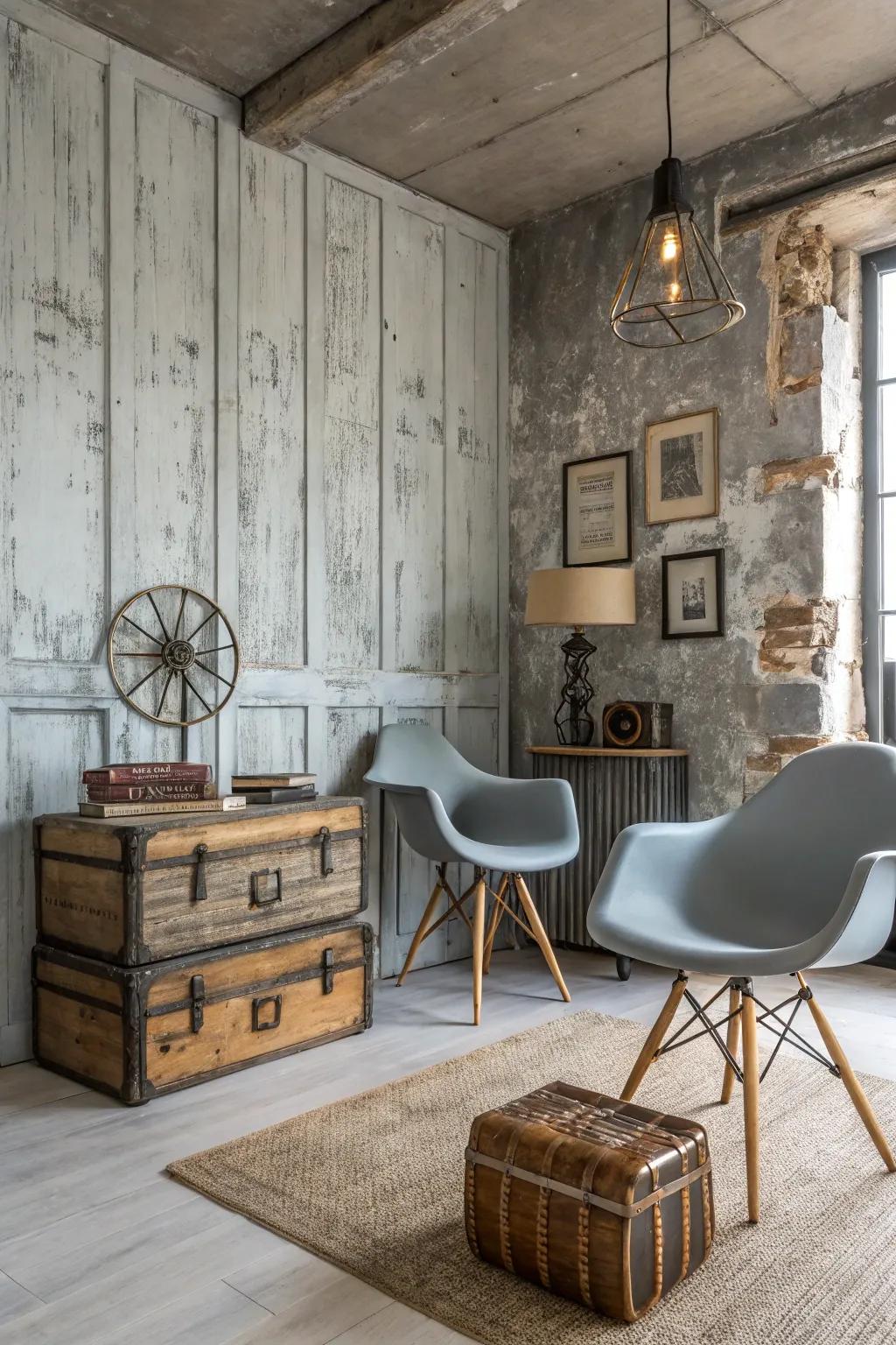 Weathered gray walls introduce a rustic charm to this mixed-style room.