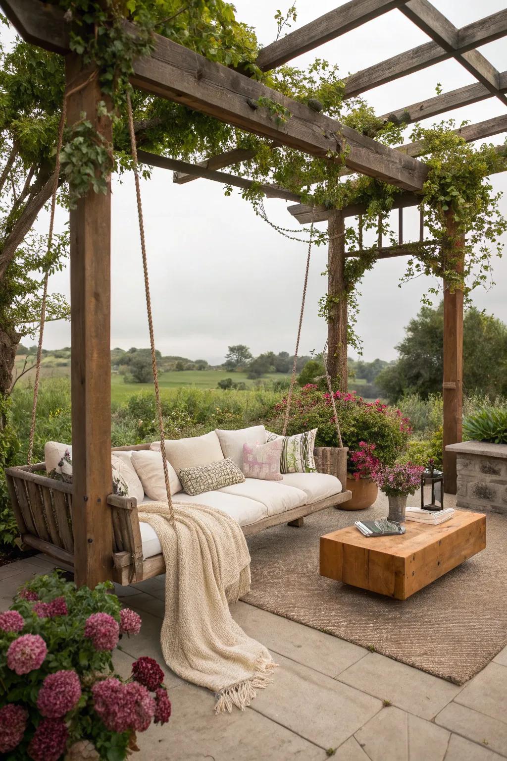 A swing provides a playful and relaxing spot on the patio.