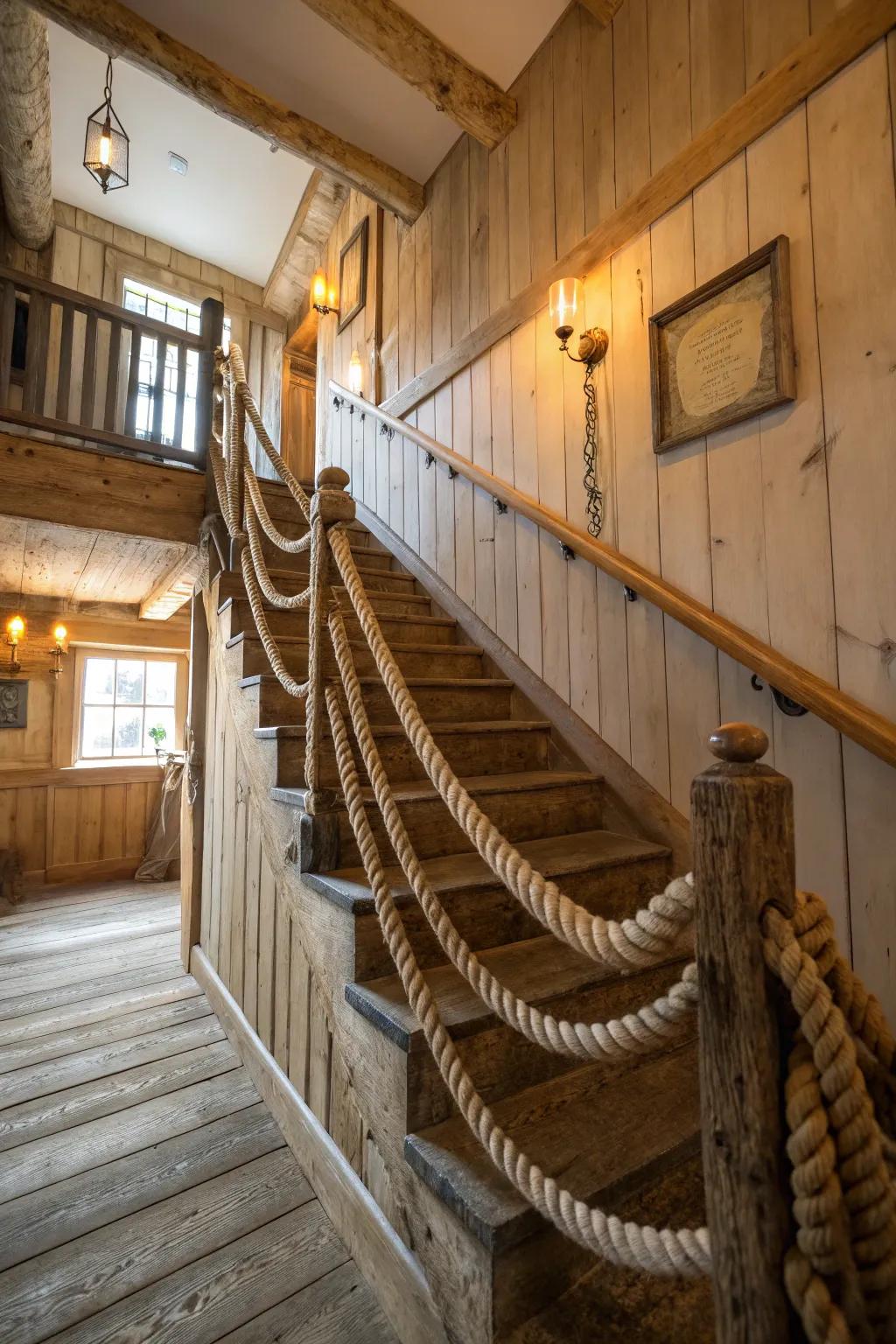 A tactile rustic feel is offered by rope and wood.