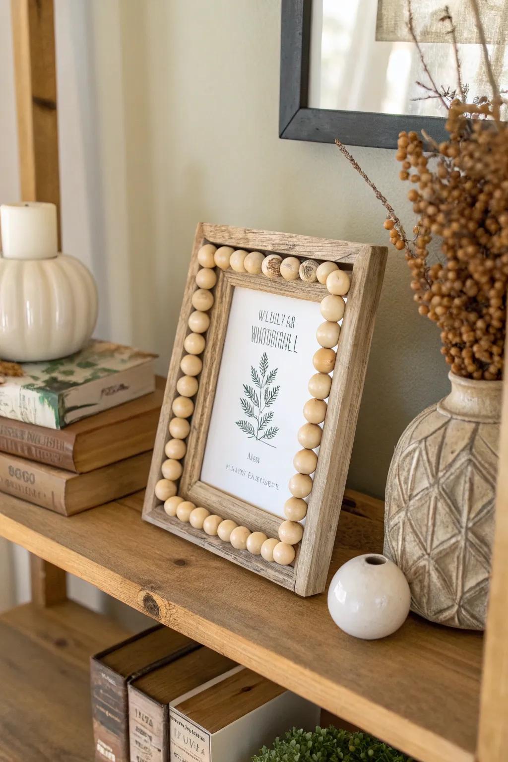 Picture frame adorned with wood bead garland.