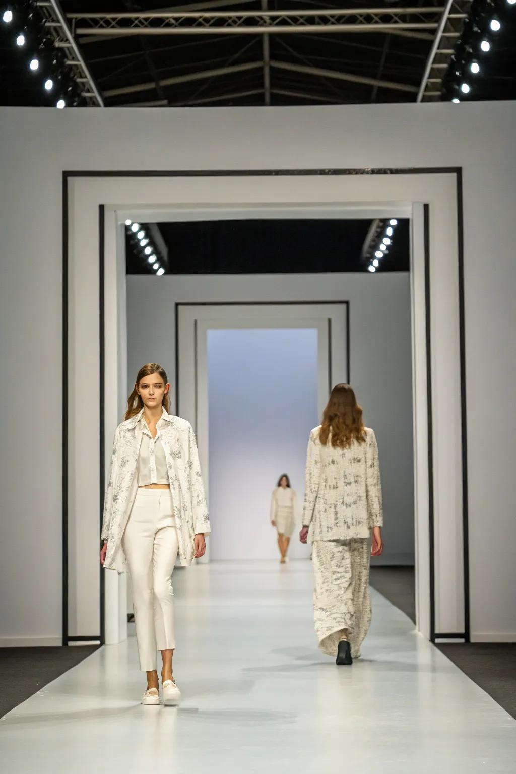 Symmetrical entrances add a sense of balance and harmony to the fashion stage.
