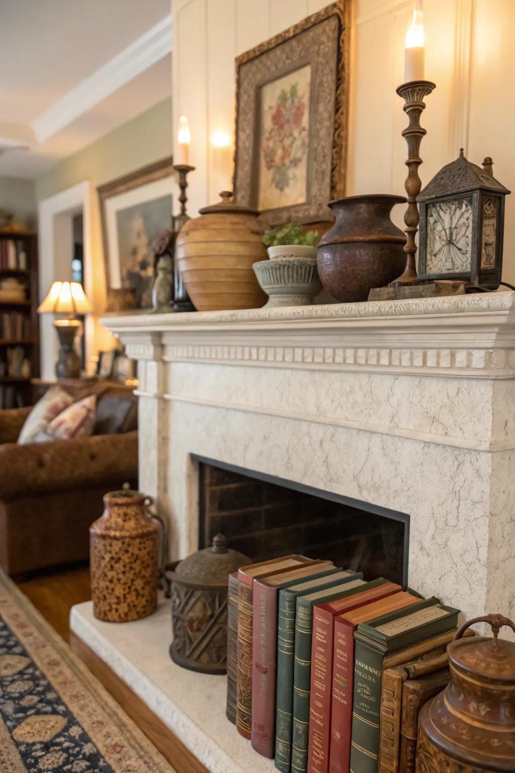 An imitation fireplace surface showing an arrangement of charming classic finds.