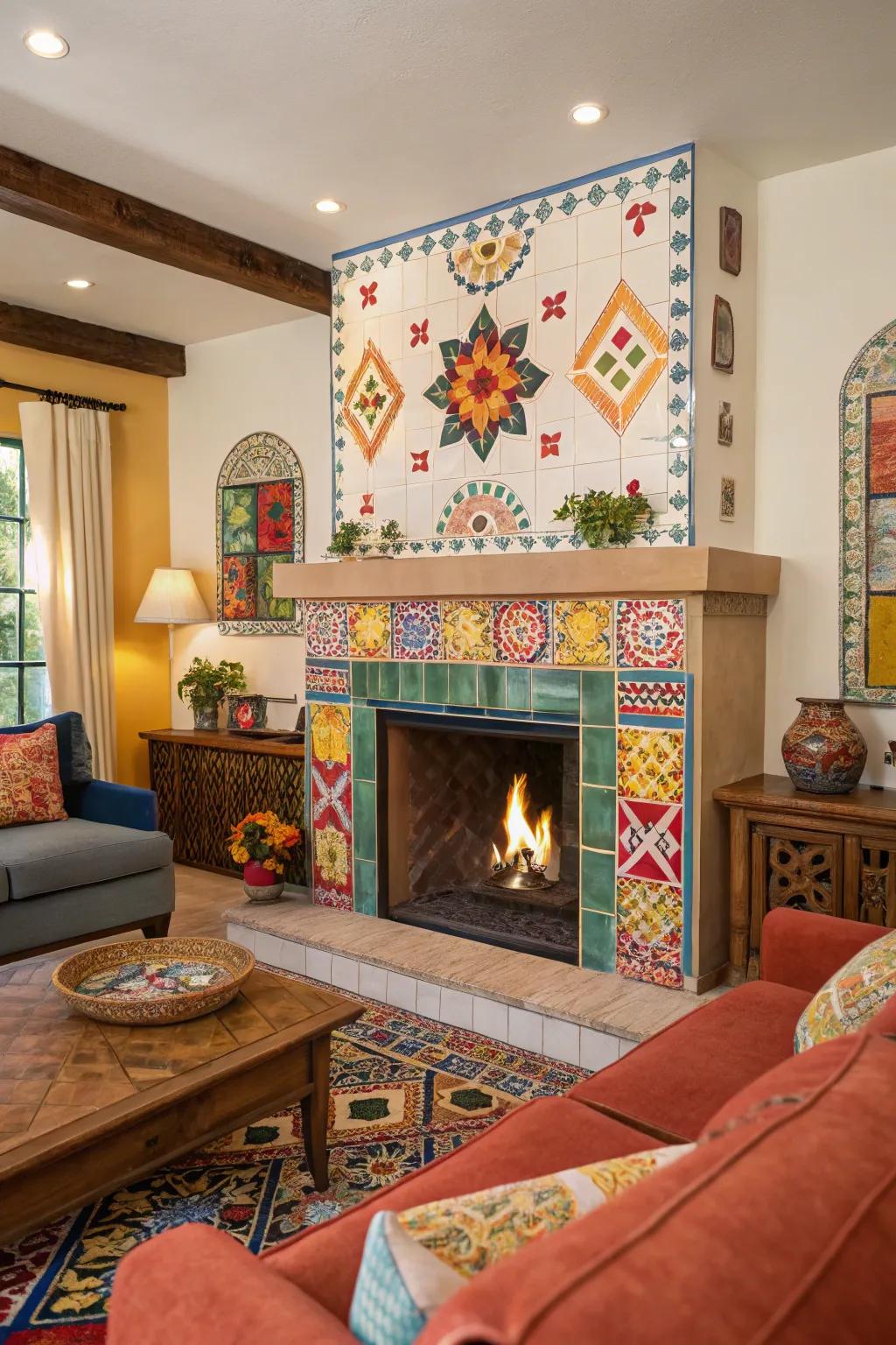 A color splash turns the fireplace into a striking focal point.
