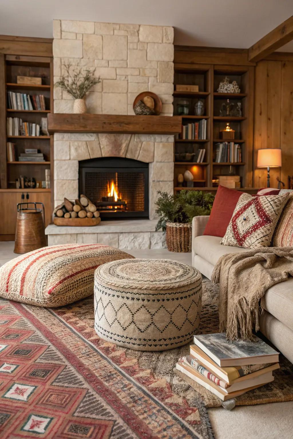 A snug lounge featuring a central fireplace amplified by layered textures, rugs, and cushions.