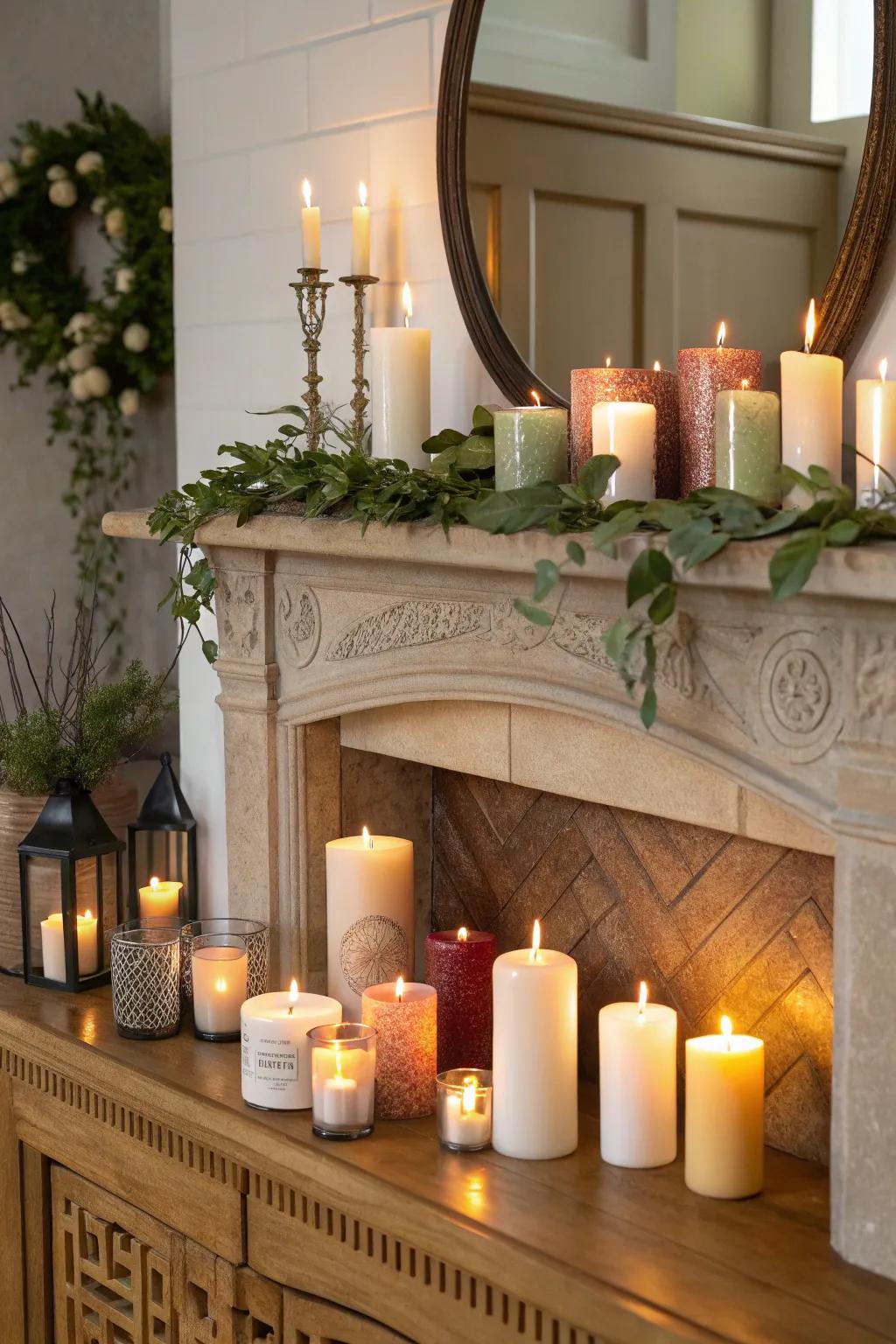 A mantel adorned with scented candles that enhance the room's atmosphere.