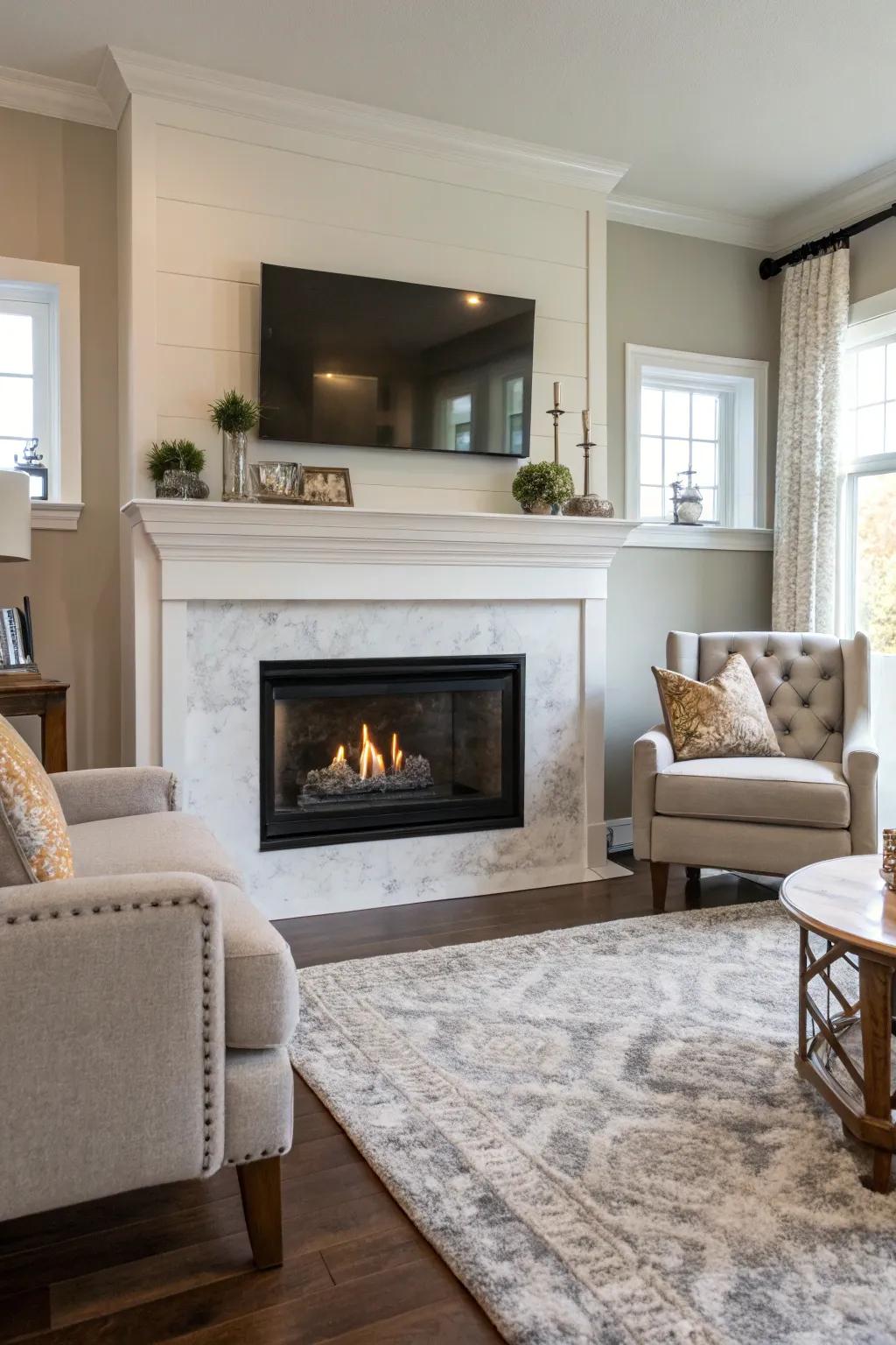 The minimalist floating mantel introduces contemporary elegance.