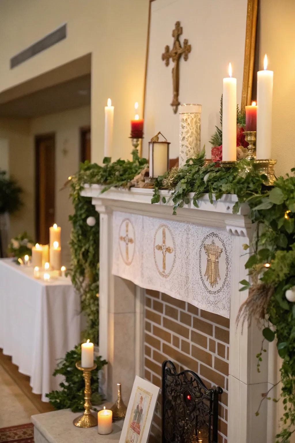 A decorated mantel introduces a charming and thematic focal point to the room.