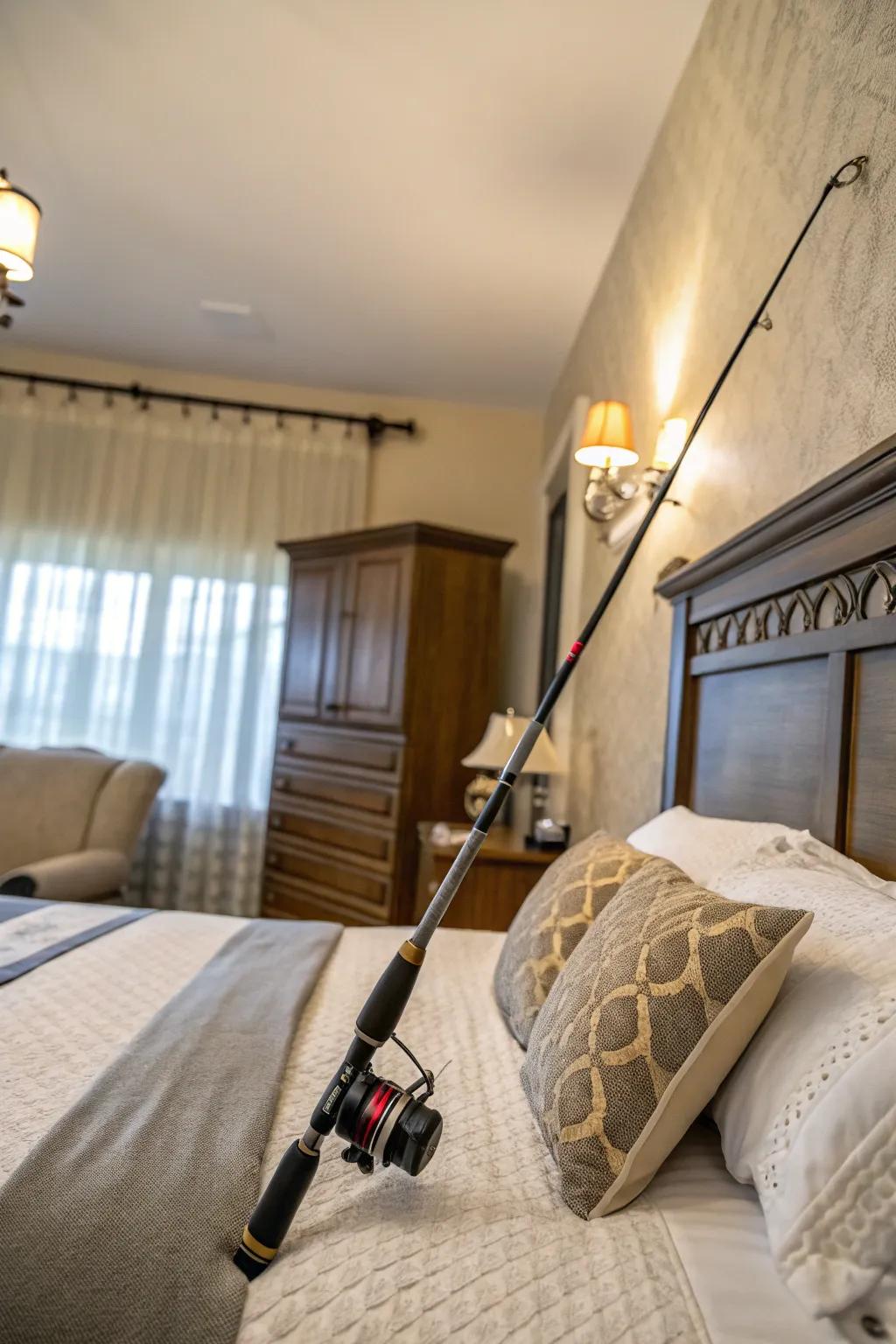 An angling pole bed frame offers a unique and eclectic bedroom vibe.