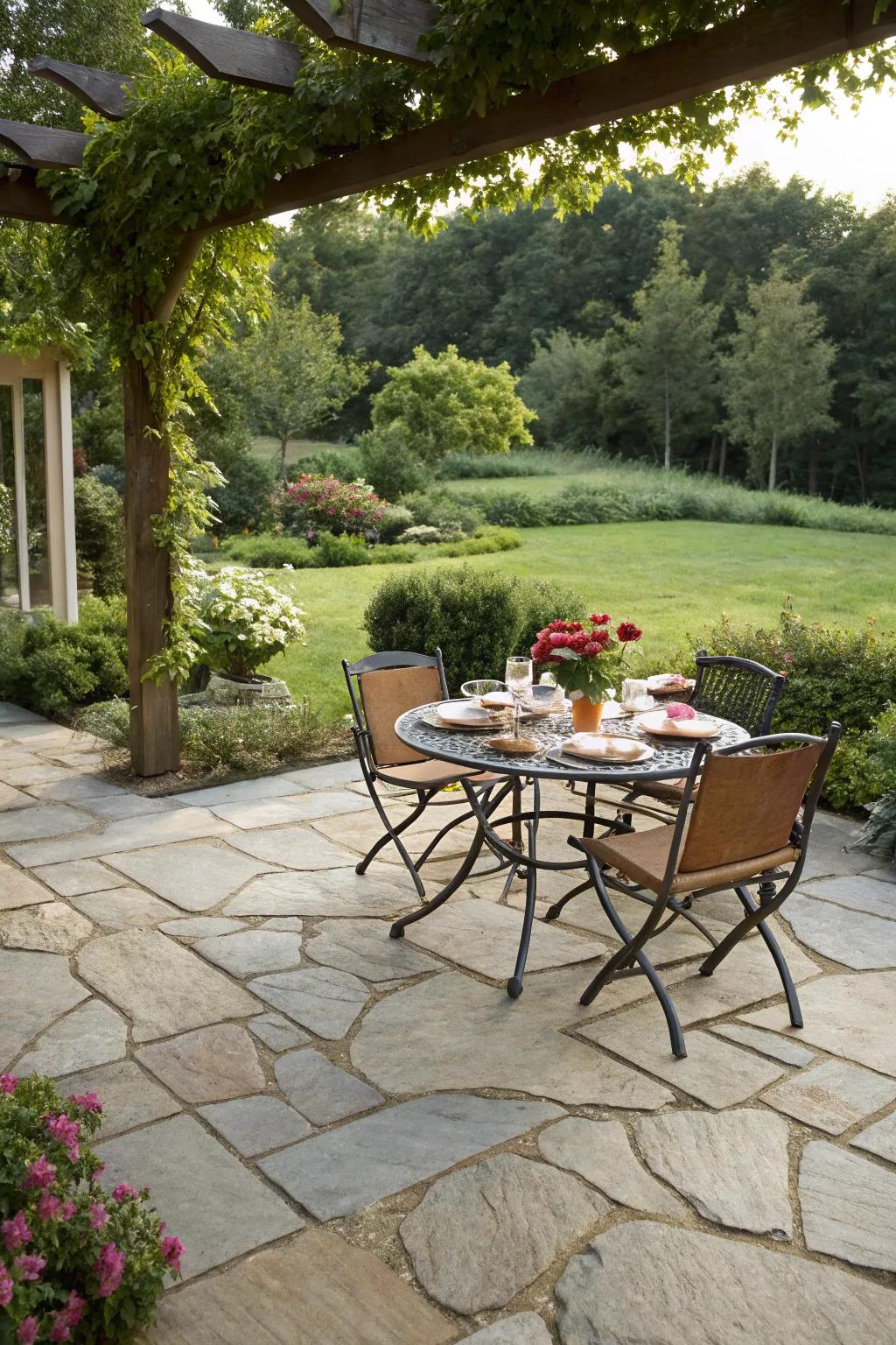 A functional dining area on a flagstone patio.