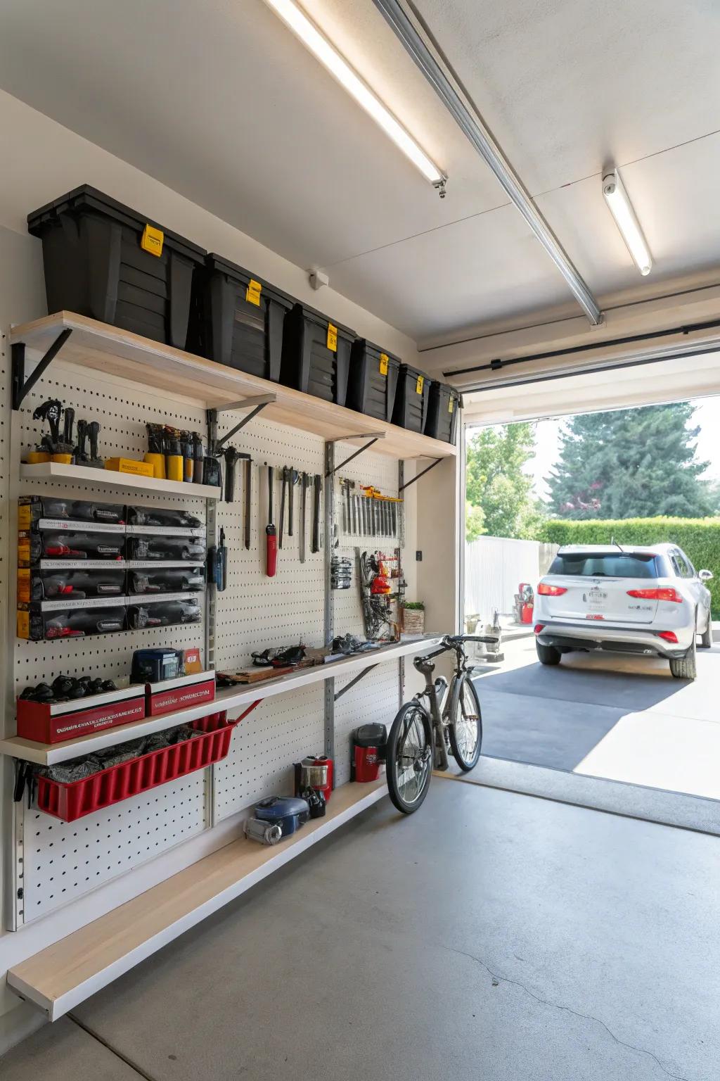 A garage organized with floating shelves, making efficient use of vertical space.