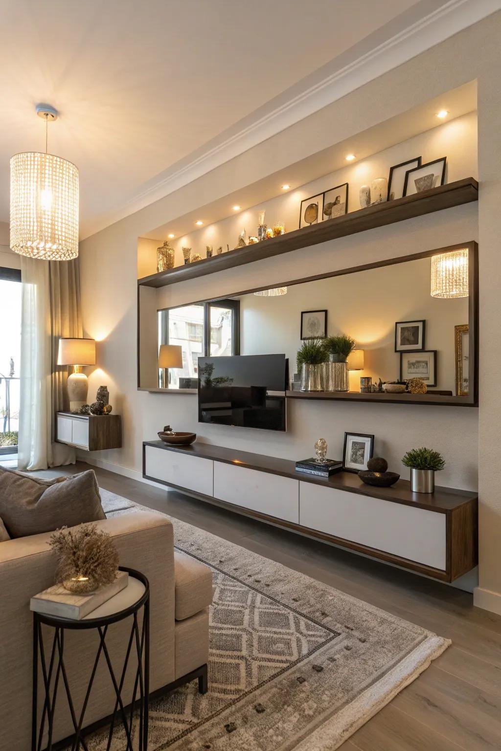 Mirrors adding light and elegance to shelves