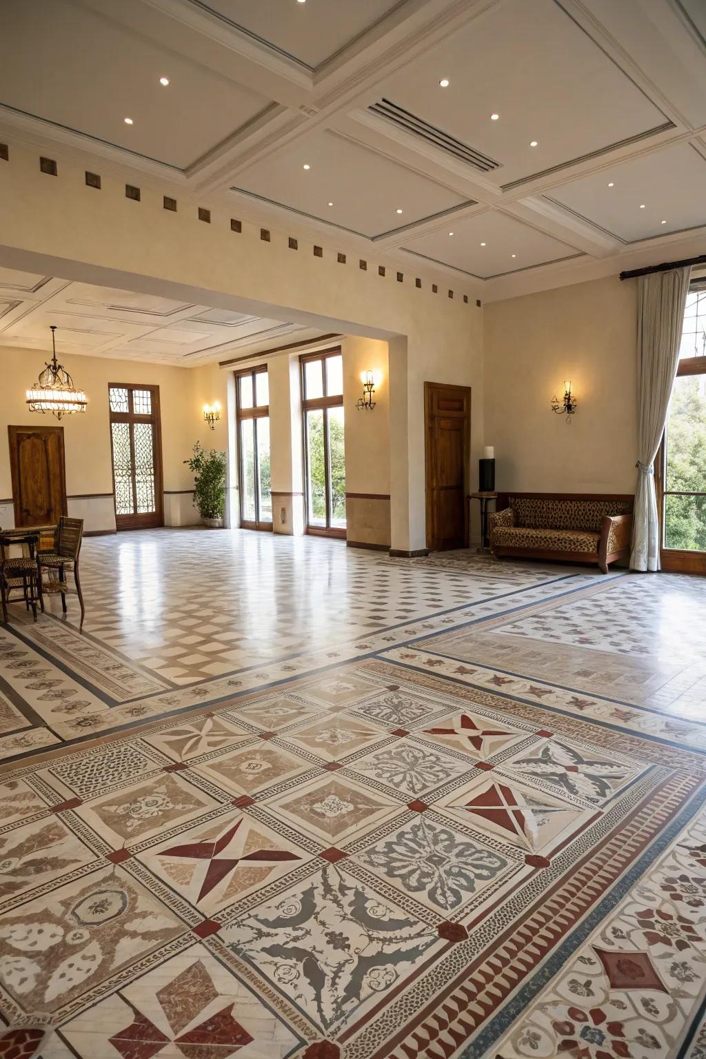 Weave patterns contribute elaborate texture to spacious areas.