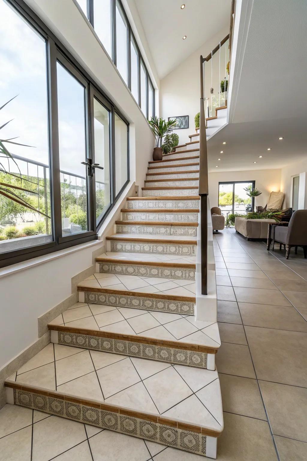 Stone tiles offer resilience and style for high-traffic staircases.