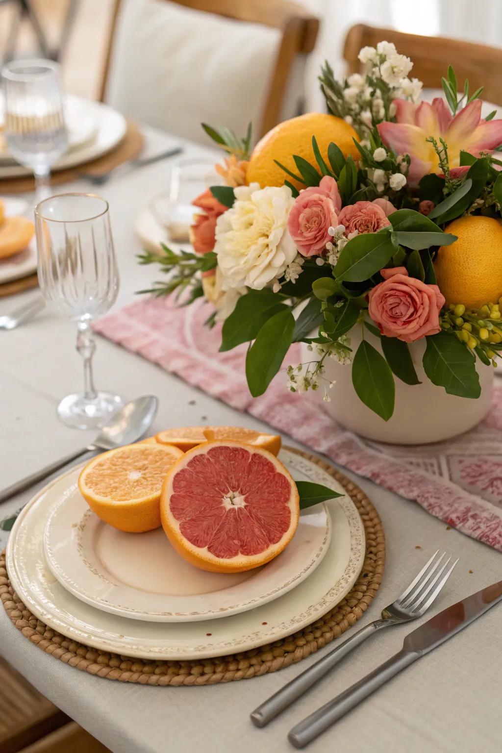 Fresh citrus and floral focal point, introducing a lively and fragrant touch to your table.