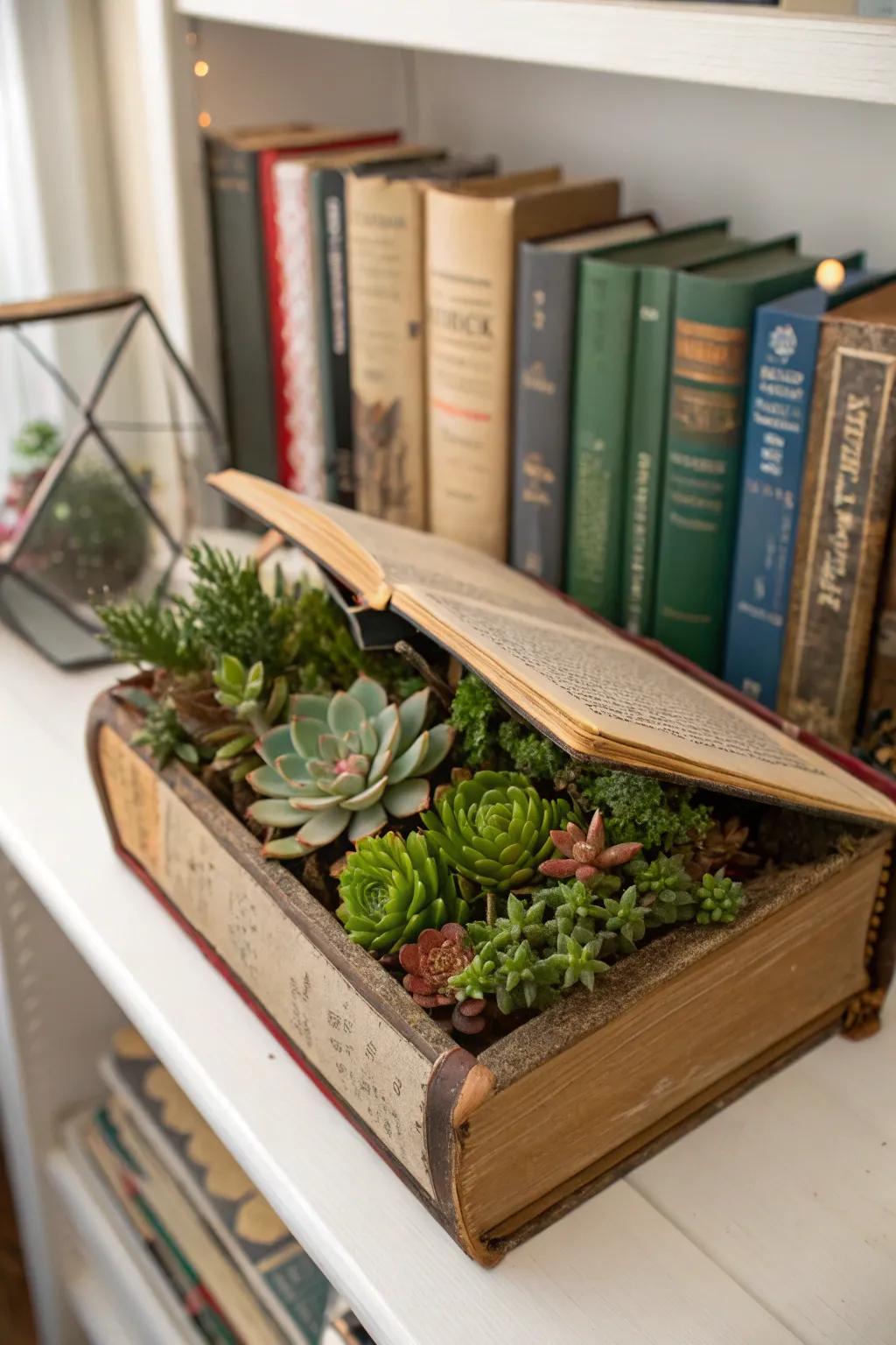 A unique planter crafted from an aged novel.