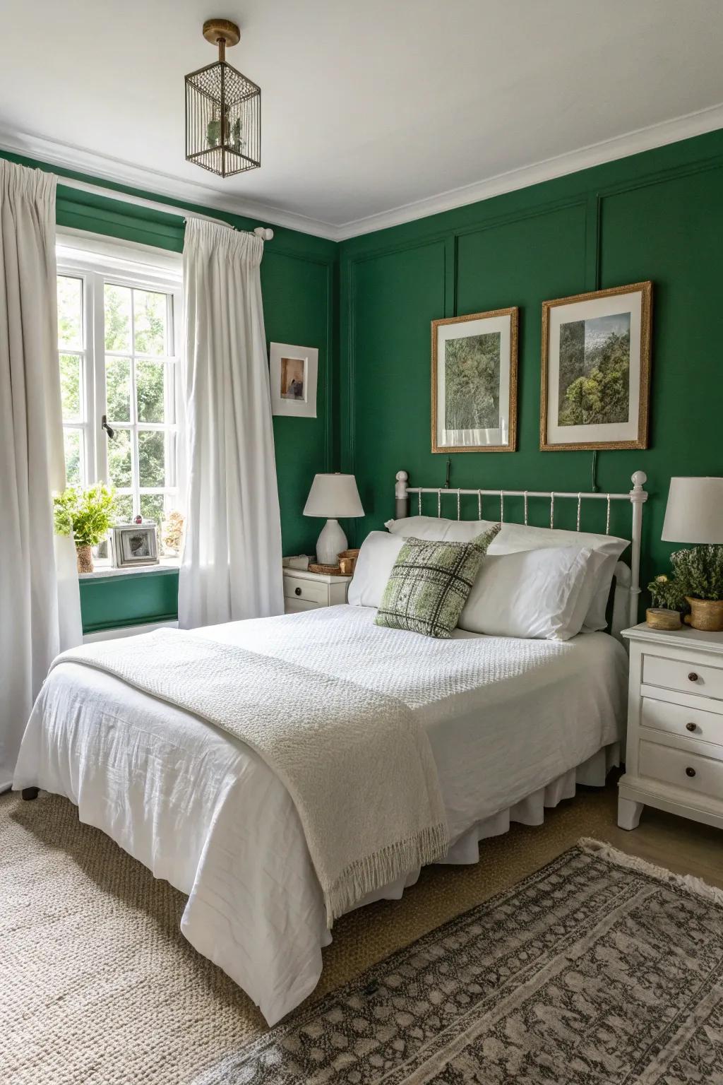 White elements contrast beautifully with deep forest green.