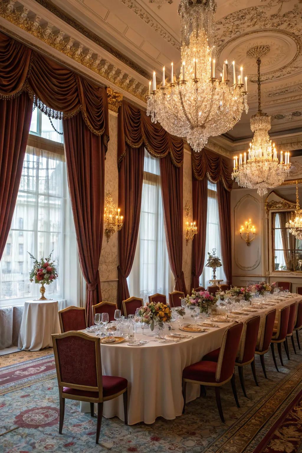 Silk curtains boost the lavish feel of this dining room.