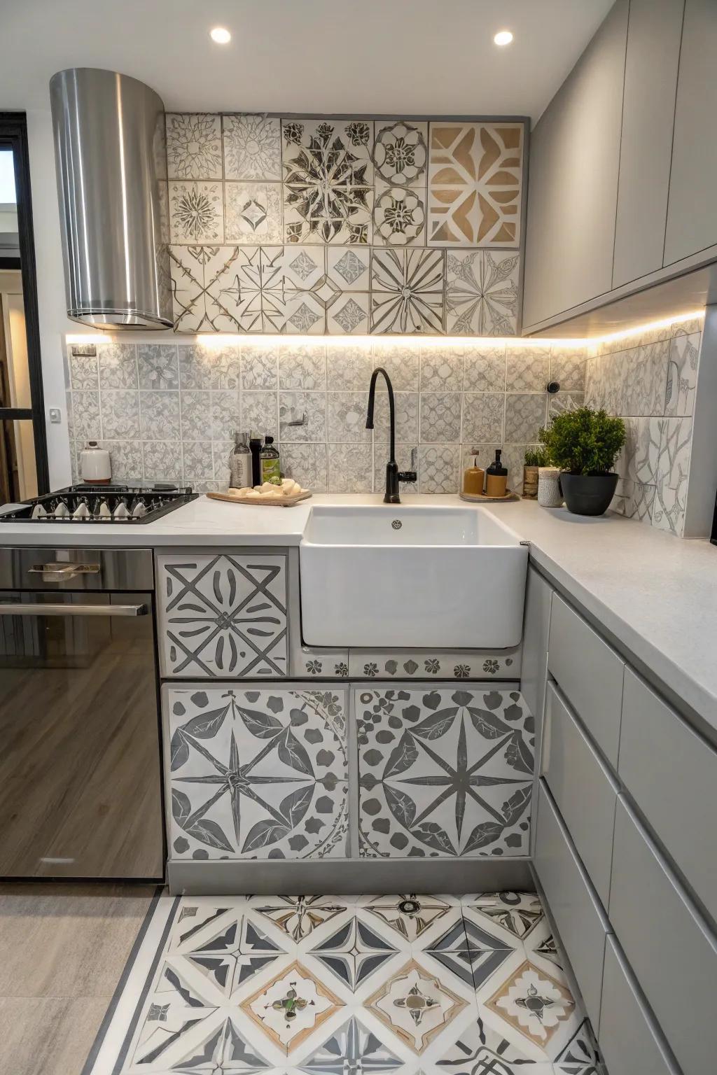 A modern kitchen featuring geometric patterns that enhance a stand-alone sink area.