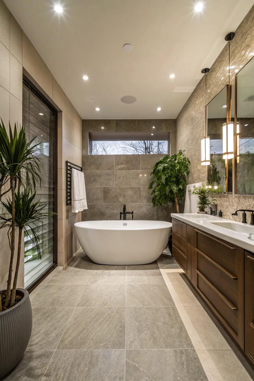 A harmonious bathroom design with matching materials for a fluid appearance.