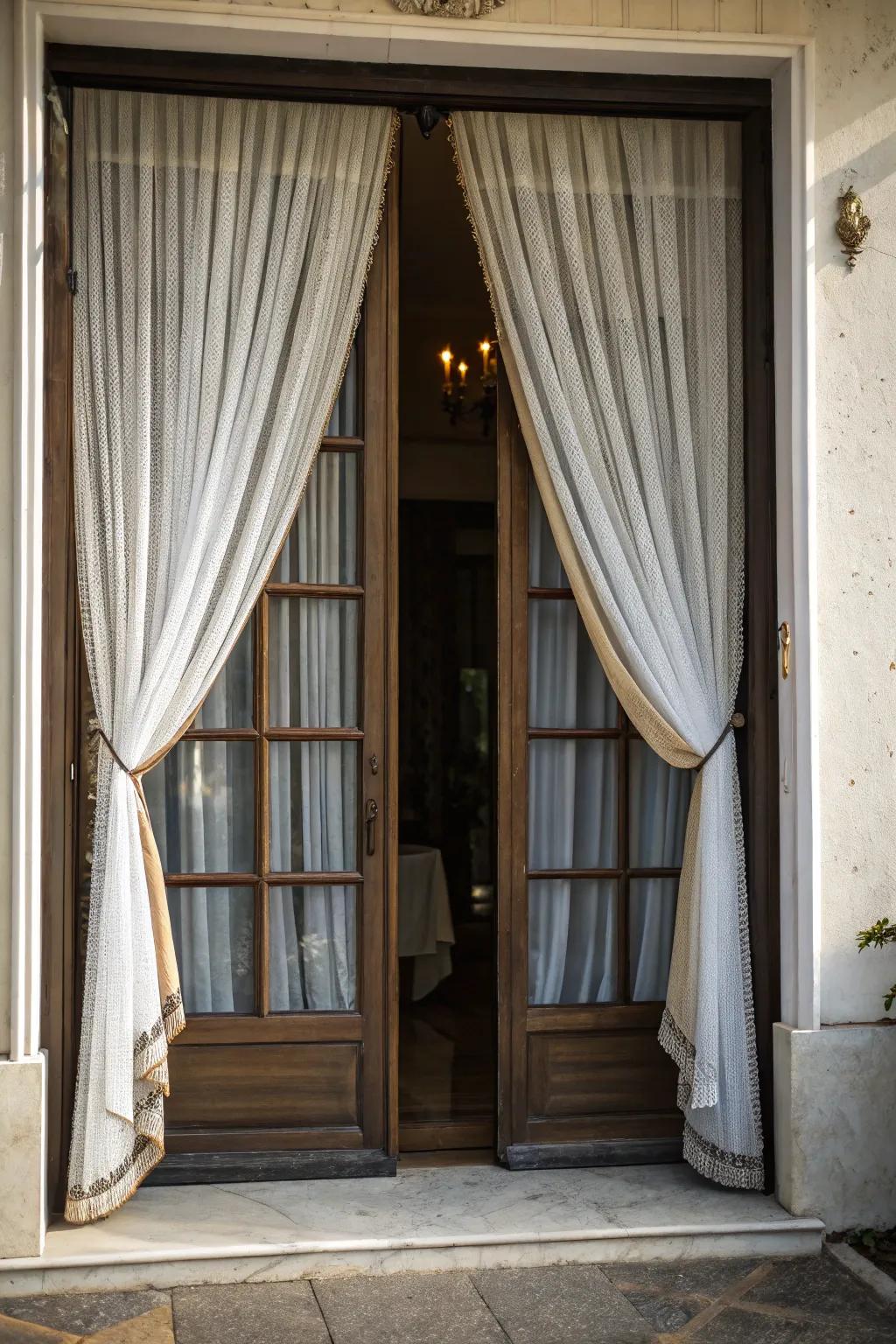 Layered curtains beautifully surrounding the front door.