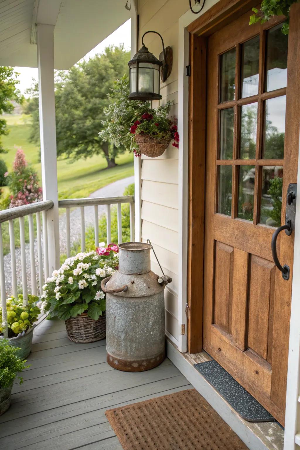 Vintage discoveries contribute persona and allure to the entrance.